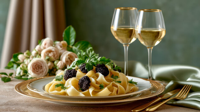 Fresh black truffles and gourmet pasta served with wine and flowers on a table