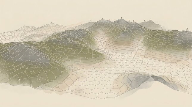 Digital topographic wireframe mesh map with geometric grid elevation contours, 3d render