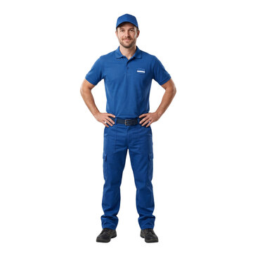 Delivery man standing with hands on hips wearing blue uniform cap and polo shirt isolated on dark background