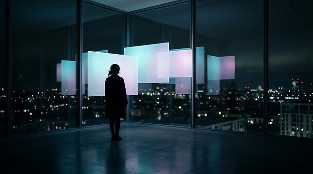 Silhouette of person standing before glowing illuminated panels in modern office building at night