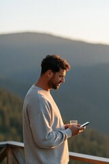 Obraz premium Man on mountain balcony checking a smartphone while holding a glass of drink at sunset for travel lifestyle background and evening relaxation