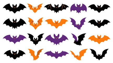 Fototapeta premium Set of cute flat style halloween bat icons collection isolated on white background with black orange and purple spooky animal silhouettes