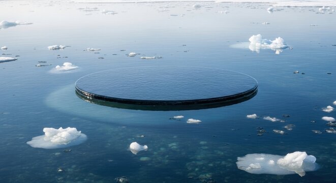 Melting Ice Disk in Arctic Water: A circular disk of ice floats on the calm, clear waters of the Arctic Ocean, surrounded by smaller ice floes and a shimmering halo, highlighting environmental change.