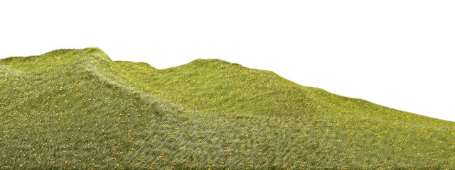 Obraz premium Grass slope mound with yellow flowery fields cutout transparent backgrounds 3d rendering png