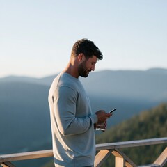 Obraz premium Man checking phone while holding a drink on balcony with mountain view for lifestyle banner and background design