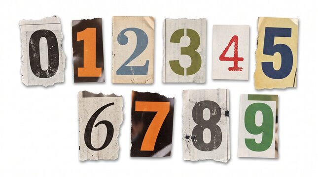Set of ten numeric digits cut from newspapers and magazines arranged on a white background with individual numbers zero crafted torn paper