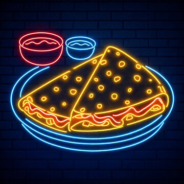 Neon light sign depicting quesadillas on a plate with dipping sauces against a brick wall