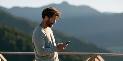 Obraz premium Man on wooden railing overlooking mountains checking phone with coffee for travel background and social media banner design