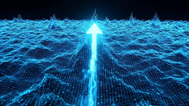 Blue Digital Terrain with Upward Arrow Graph - A dynamic digital landscape video in glowing blue wireframe, depicting undulating terrain.