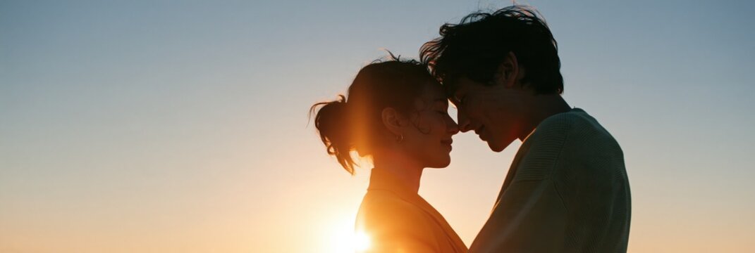 Tender closeup silhouette of a couple at sunset background with warm golden light for romantic banner and wallpaper design