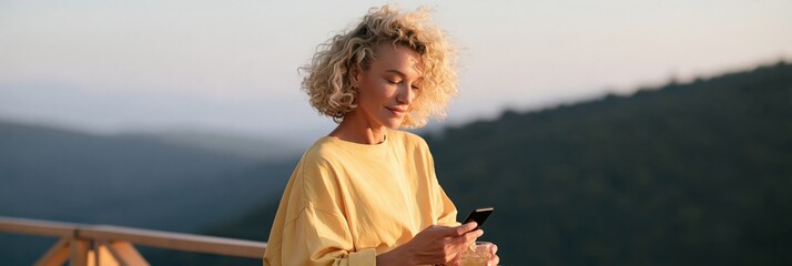 Obraz premium Middle aged woman using smartphone on balcony at sunset with mountain view for lifestyle background and social media banner design