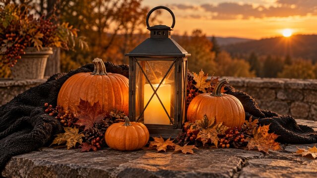 Glowing outdoor lantern set among pumpkins and autumn leaves on a porch in a Halloween evening display for seasonal safety