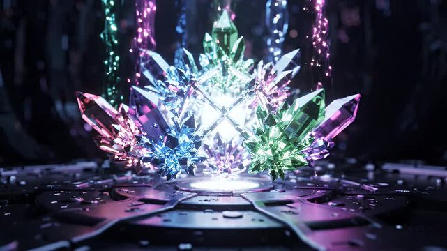 Neon Crystal Formation Abstract Background - A cluster of faceted crystals in vibrant neon colors forms from rising light beams against a dark, metallic surface.