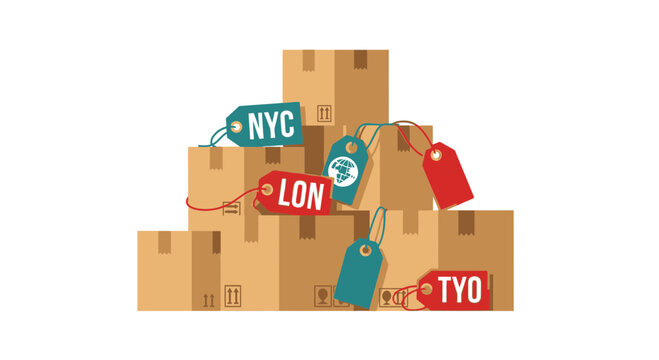 Global Logistics and International Shipping Concept with Stacked Cardboard Boxes and Destination Tags for NYC LON TYO