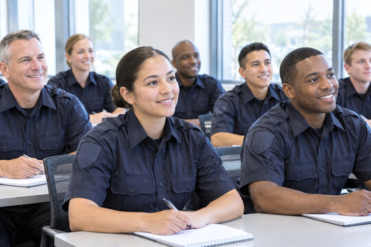 Diverse police trainees in classroom taking notes during training