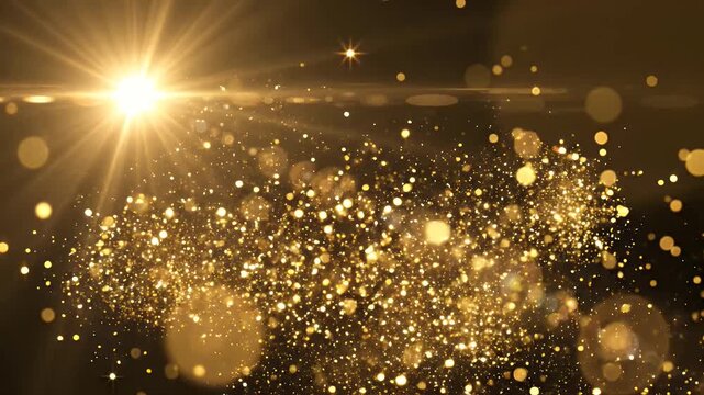 Golden Light Rays Sparkle Dust Glitter Particles Lens Flare Background - A spectacular display of golden light rays emanating from a bright source, illuminating a swirling cloud of sparkling dust and