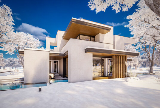 3D render of a luxury modern villa in winter.
