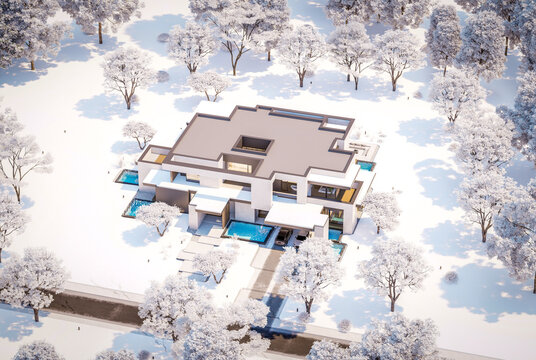 3D render of a luxury modern villa in winter.
