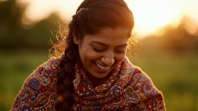 Joyful Woman Laughing in Golden Hour Sunlight - A woman with a braid smiles and laughs outdoors as warm golden hour sunlight illuminates her face and colorful patterned clothing.