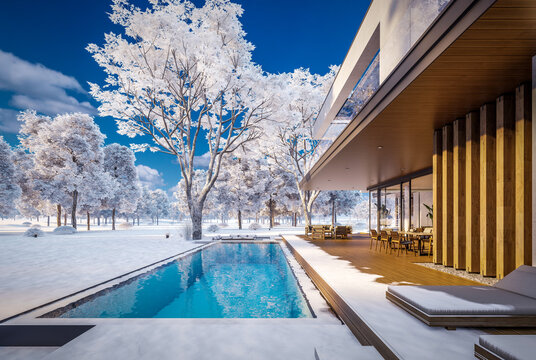 3D render of a luxury modern villa in winter.