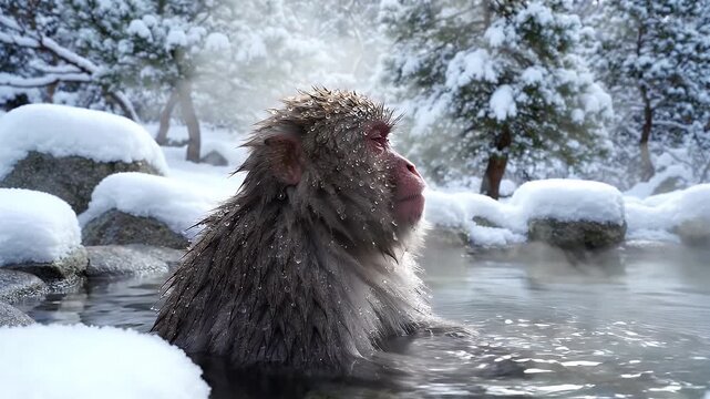 Japanese Macaque Monkey Relaxing in Snowy Hot Spring - A Japanese macaque monkey sits contentedly in a steaming hot spring, its fur glistening with water droplets.