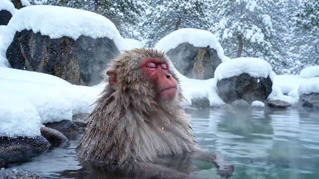 Japanese Macaque Relaxing In Hot Spring During Winter - A Japanese macaque, also known as a snow monkey, is captured relaxing with its eyes closed in a steaming hot spring.