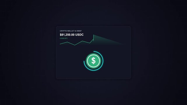 Crypto wallet and swap interface animation with bitcoin, usdc, and debit card on dark background