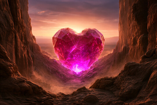 Massive desert canyon split open by a gigantic glowing heart-shaped pink crystal