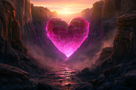 Massive desert canyon split open by a gigantic glowing heart-shaped pink crystal