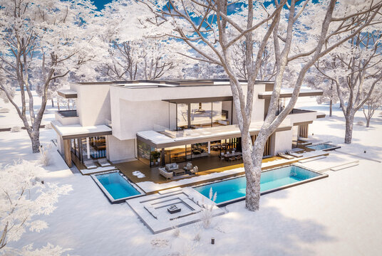 3D render of a luxury modern villa in winter.