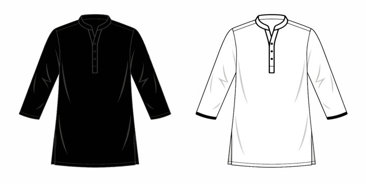 Men's Kurta Shirt flat lay in black and white with mandarin collar and button placket for fashion design