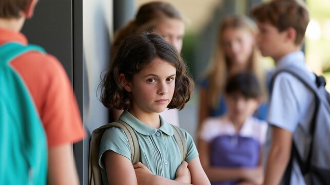 Lonely young girl excluded by older students through bullying