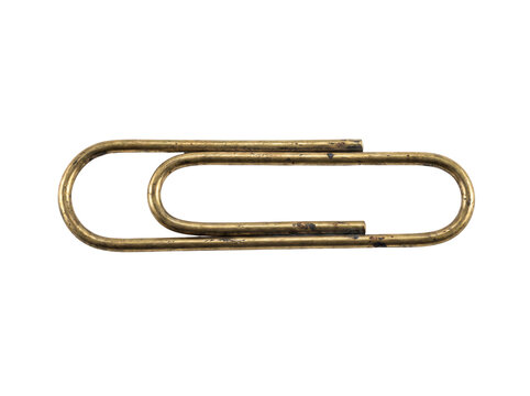 Vintage brass paperclip isolated on transparent background for office supplies and organization