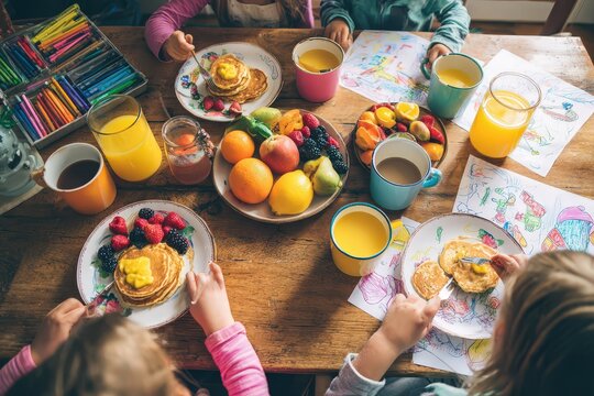 Top view of a family breakfast table with pancakes, fruits, orange juice and children's drawings, with a clean uncluttered composition