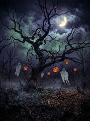 Fototapeta premium Spooky Halloween night scene in haunted forest with gnarled tree, pumpkins, and full moon