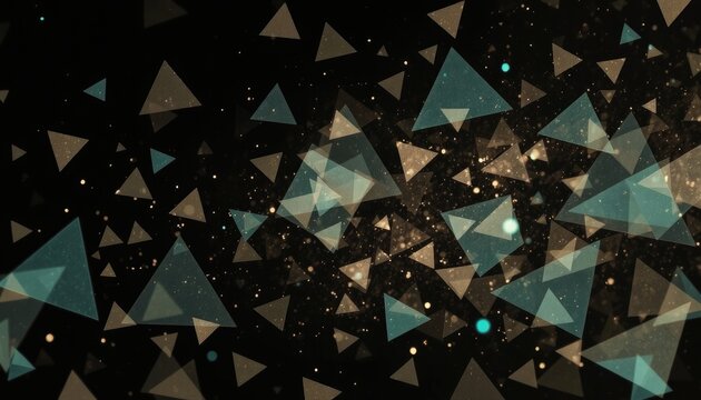 Abstract geometric background with teal and beige translucent triangles floating amidst shimmering particles, perfect for tech presentations, futuristic themes, and modern event backdrops.