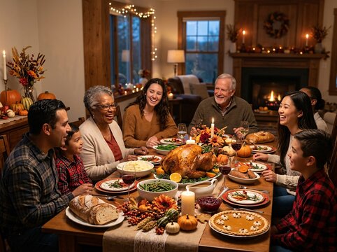 Large family sitting together at table enjoying delicious Thanksgiving dinner feast home