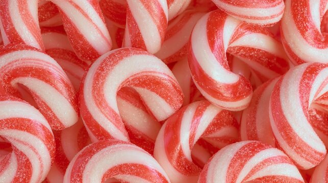 Macro view of red and white peppermint candy canes with curved striped shapes, sugary texture, and overlapping arrangement filling the frame as a festive confectionery background