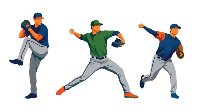 Flat style vector illustration of baseball athletes pitching and throwing, highlighting speed, precision, movement, competition, training, and athletic performance