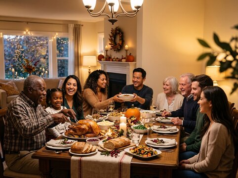 Happy family celebrating Thanksgiving Day with delicious roasted turkey dinner feast at home