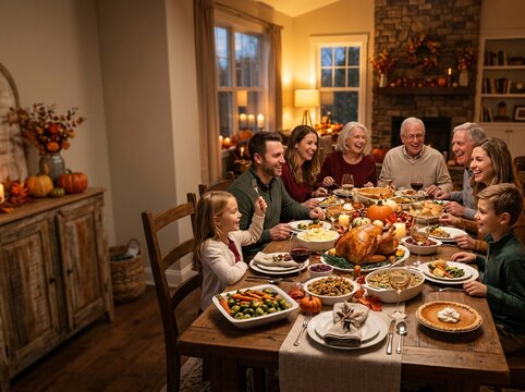Happy family gathering around festive dining table for cozy Thanksgiving dinner at home
