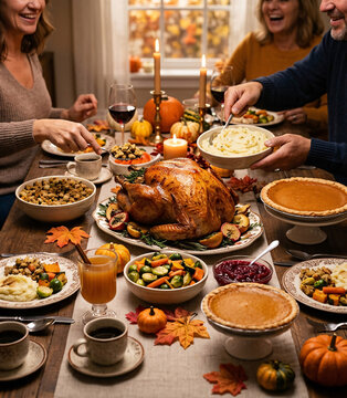 Delicious Thanksgiving food spread with roasted turkey, side dishes, and pumpkin pie at home