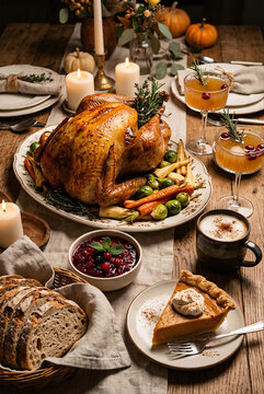 Traditional golden roasted turkey centerpiece with pumpkin pie slice on Thanksgiving table