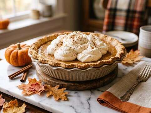 Traditional baked pumpkin pie topped with whipped cream on rustic Thanksgiving table