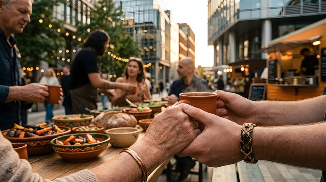People sharing a communal meal with organic food and hot beverages at a vibrant urban street market in the city.