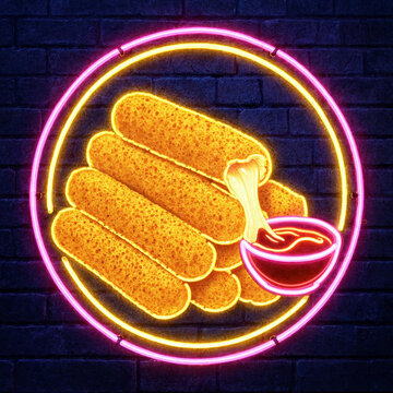 Neon sign depicting a stack of delicious fried mozzarella cheese sticks with dipping sauce