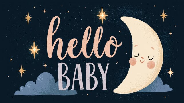 cute baby greeting with smiling moon stars and dreamy night sky illustration