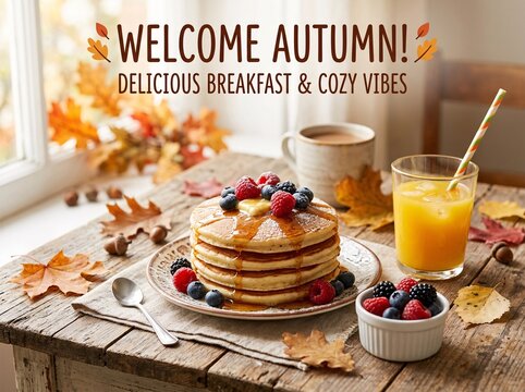 Delicious pancake stack with berries, maple syrup, orange juice, and Welcome Autumn text