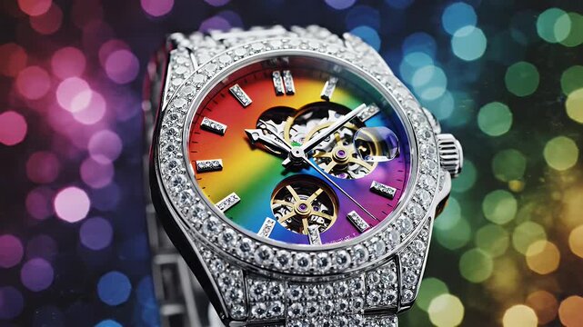 Luxurious diamond-encrusted silver wristwatch with a vibrant rainbow dial and skeleton details