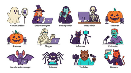 Fototapeta premium Halloween characters as digital creators and influencers vector illustration